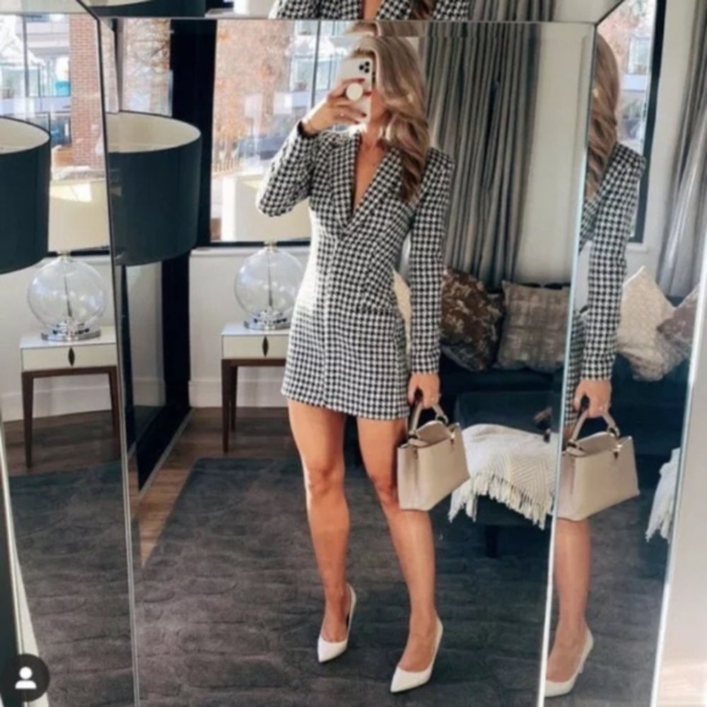Zara Black White Houndstooth Tweed Structured Blazer Dress NEW